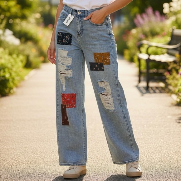 Cider Denim - CIDER BNWT Distressed Patchwork Jeans Floral Ripped Boho Cottagecore Hippie Y2K